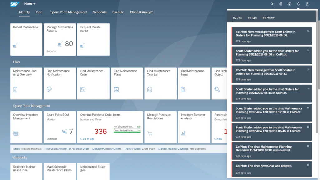 An **SAP technology** dashboard organizes **asset management** functions, including plan, identify, spare parts, schedule, and execute tasks, showing '80 Reports' and '336 Overdue Purchase Order Items'. A right panel lists CoPilot notifications: 'CoPilot: New message from Scott Shafer in Orders for Planning 03/21/2019 08:56. 179 days ago'; 'Scott Shafer added you to the chat Orders for Planning 03/21/2019 08:56 in CoPilot. 179 days ago'; 'CoPilot: New message from Scott Shafer in Orders for Planning 03/21/2019 05:11. 179 days ago'; 'Scott Shafer added you to the chat Orders for Planning 03/21/2019 05:11 in CoPilot. 179 days ago'; 'Scott Shafer added you to the chat Maintenance Planning Overview 12/12/2018 12:28 in CoPilot. 278 days ago'; 'Scott Shafer added you to the chat Maintenance Planning Overview 12/12/2018 05:45 in CoPilot. 278 days ago'; 'CoPilot: The chat Maintenance Planning Overview 11/14/2018 07:01 was deleted. 278 days ago'; 'CoPilot: The chat New Chat was deleted. 278 days ago'.
