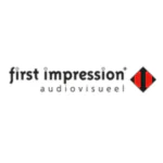 A logo displaying the dark grey text "first impression®" above "audiovisueel," alongside a red diamond graphic with vertical black arrows, all on a white background.