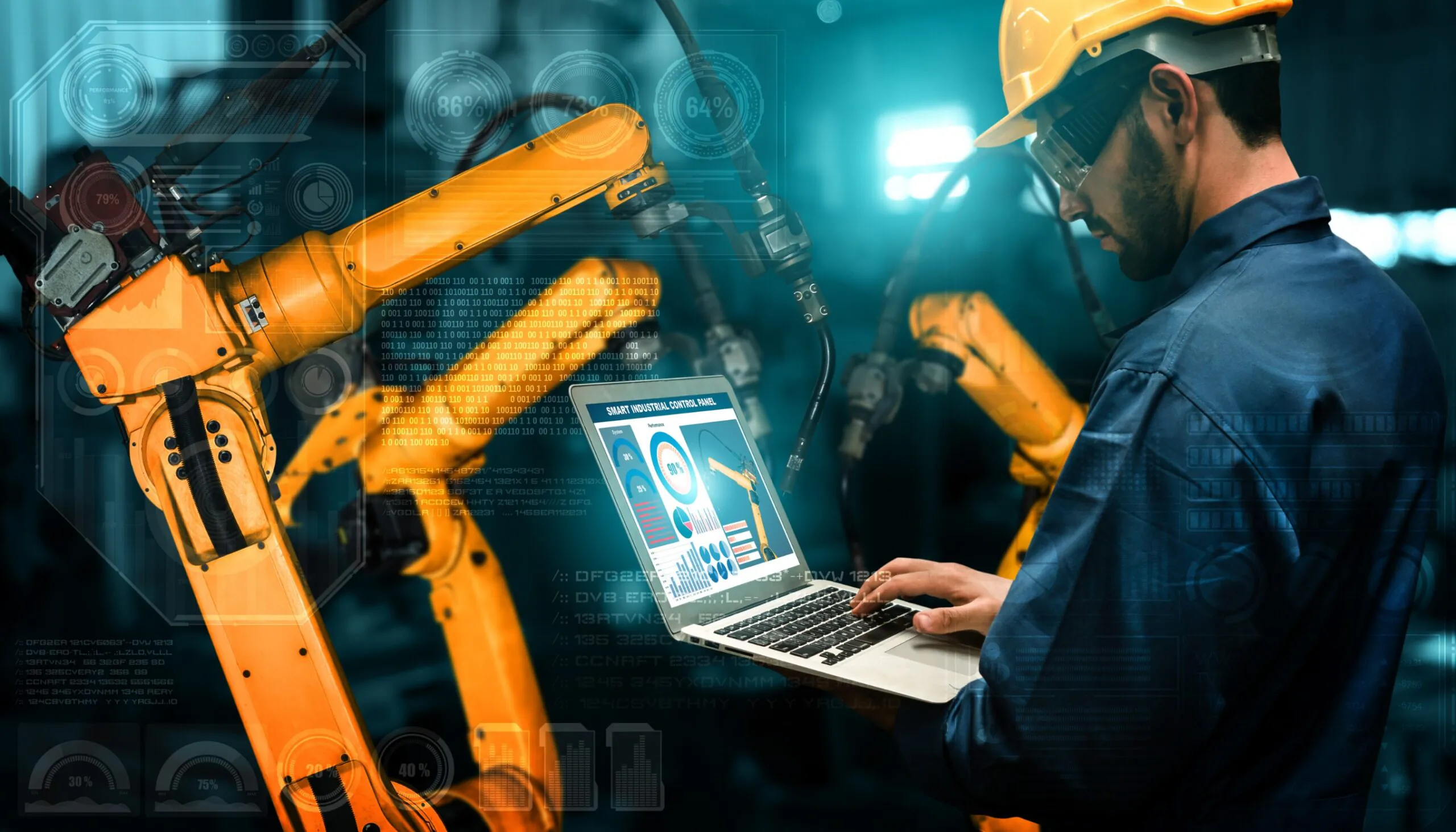 A male engineer in a hard hat and safety glasses uses a laptop to monitor and control orange robotic arms within a futuristic factory environment, showcasing sap technology. Text: 'SMART INDUSTRIAL CONTROL PANEL', '90%', '30%', '20%', 'Performance', 'System', '79%', '86%', '73%', '64%', 'PERFORMANCE 83%', '30%', '75%', '20%', '40%', binary code, '://AS13154...', '://ZAB1325...', '://32150112...', '://13211 PCF...', '://VGDLA...', '://DFG2EA...', '://DVB-EAD...', '://13RTVN34...', '://135 3280...', '://CCNAFT 2334...', '://1246 346YXDVNMM...', '://124CSYBTMMY YYYYRGJJ.IO'.