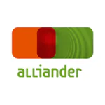 The alliander logo displays a horizontal bar with rounded corners, transitioning from orange through red to a patterned green, with the text "alliander" in green below.