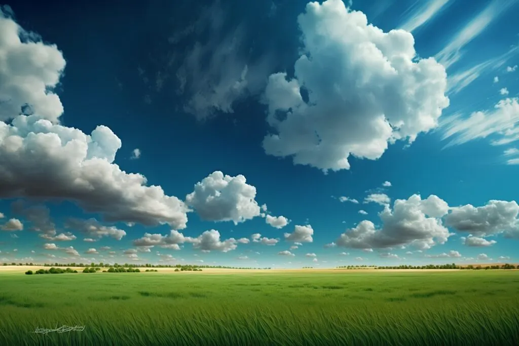 Lush green fields stretch under a brilliant blue sky populated by numerous fluffy white clouds, with distant trees defining the horizon. Text: Benjamin K.