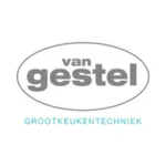 A logo featuring "van gestel" in grey, within a horizontal oval. Below, "GROOTKEUKENTECHNIEK" is written in light blue text.