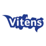 A blue logo displays the word "Vitens" in a bold font. The text is integrated into a dynamic, wavy blue shape, set against a plain white background.