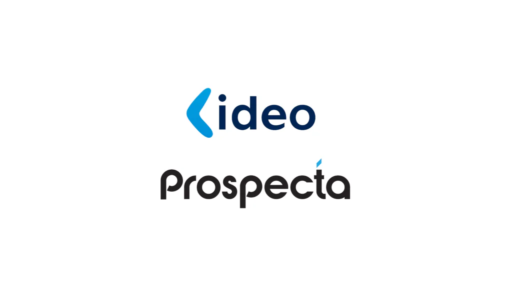 A company logo on a white background. The top line shows a light blue left-pointing arrow, followed by 'ideo' in dark blue. Below, 'Prospecta' is in black text, with a small blue upward-pointing triangle above the final 'a'.
