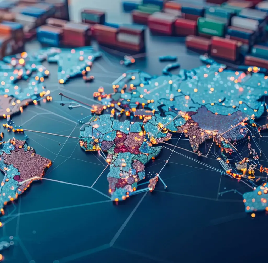 A glowing 3D world map illustrates interconnected global trade routes and logistics, with shipping containers blurred in the background, signifying global asset management.