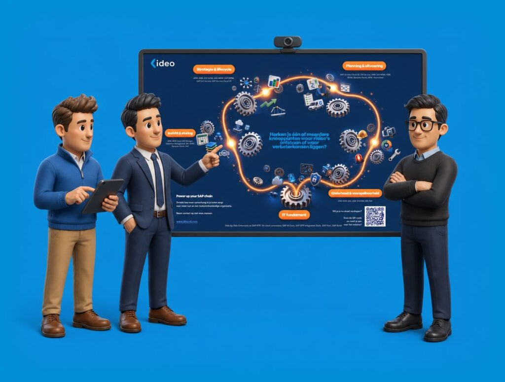 Drie geanimeerde professionals staan voor een digitaal scherm dat SAP technology toont, met grafische stromen van tandwielen en procesiconen, terwijl ze de SAP FSM strategieën op een blauwe achtergrond bespreken. **Tekst op het scherm:** ideo Strategie & lifecycle APM, EAM, S/4 HANA, AIE, MDM, SAP EPM, SAP G/A Service, SAP Service Cloud V2 Inzicht & sturing APM, MDM, SAP S/4HANA, Enterprise Management, EAM (EAM), OpenText VIM, SAC Power up your SAP chain Ontdek hoe meer samenhang in je keten zorgt voor meer rust en een toekomstbestendige organisatie. Neem contact op met onze mensen. www.ideo-nl.com Planning & uitvoering SAP Service Cloud V2, S/4 HANA, S/4 HANA, FSM, SAP Field Service, FSM, APM, Teamwear Herken je één of meerdere knooppunten waar risico’s ontstaan of waar verbeterkansen liggen? Onderhoud & voorspelbaarheid APM, MDM, SAC, EAM, EAM, AI Wil je je nu alvast verdiepen? Scan de QR-code en meld je aan voor het webinar! IT fundament Side-by-Side Extensions op SAP BTP, On-stack extensions, SAP AI Core, SAP BTP Integration Suite, SAP Fiori, SAP Build