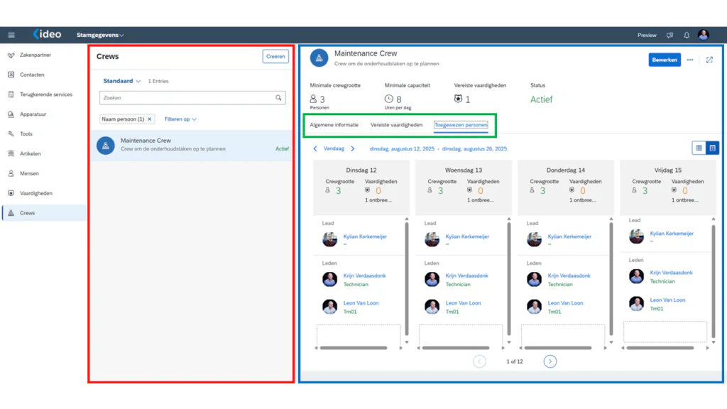 Een software-interface voor field service management toont een gedetailleerd onderhoudsteamoverzicht met dagelijkse planningen, namen van technici en capaciteitsinstellingen in een overzichtelijk dashboard, inclusief de teksten: ideo, Stamgegevens, Zakenpartner, Contacten, Terugkerende services, Apparatuur, Tools, Artikelen, Mensen, Vaardigheden, Crews, Creëren, Standaard, 1 Entries, Zoeken, Naam persoon (1), Filteren op, Maintenance Crew, Crew om de onderhoudstaken op te plannen, Actief, Minimale crewgrootte, 3 Personen, Minimale capaciteit, 8 Uren per dag, Vereiste vaardigheden, 1, Status, Algemene informatie, Vereiste vaardigheden, Toegewezen personen, Vandaag, dinsdag, augustus 12, 2025 - dinsdag, augustus 26, 2025, Dinsdag 12, Woensdag 13, Donderdag 14, Vrijdag 15, Crewgrootte, 3, 0, 1 ontbree, Lead, Kylian Kerkemeijer, Leden, Krijn Verdaasdonk, Technician, Leon Van Loon, Tm01, 1 of 12.