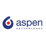 Het logo van Aspen Netherlands, bestaande uit een blauw abstract symbool met een rode stip, staat centraal boven de tekst "aspen NETHERLANDS" in een witte, neutrale omgeving voor asset management.