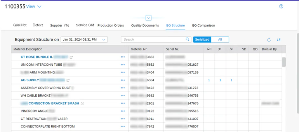 Een interface voor asset management toont een gedetailleerde tabel met apparatuurstructuren, inclusief materiaalbeschrijvingen, serienummers en orderinformatie in een digitale werkomgeving voor technisch overzicht. Tekst: 1100355 View, Qual.Not, Defect, Supplier Info, Service Ord, Production Orders, Quality Documents, EQ Structure, EQ Comparison, Equipment Structure on, Jan 31, 2024 03:31 PM, Search, Serialized, All, Material Description, Material Nr., Serial Nr., QN, DF, SI, SD, QD, Built-in By, CT HOSE BUNDLE IL, UNICOM INTERCONN TUBE, ARM MOUNTING, AG SUPPLY, ASSEMBLY COVER WIRING DUCT, WH CABLE BRACKET, CONNECTION BRACKET SMASH, INNERCOV ANGLE, CT RESTRICTION, LASER, CONNECTORPLATE RIGHT BOTTOM, 3683, 5852, 3404, 6504, 8422, 9682, 2901, 9122, 6911, 7842, 051827, 087139, 131272, 246753, 247676, 395516, 431007, 476507, 1, 1, 1.