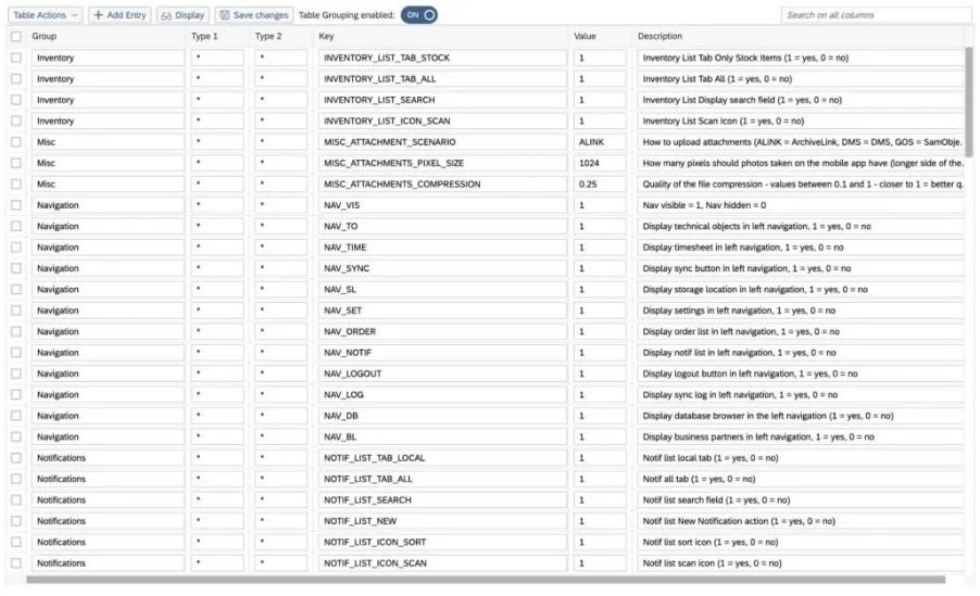 Een tabel in SAP FSM toont configuratie-instellingen voor asset management, met kolommen voor groepen, sleutels, waarden en beschrijvingen. Tekst: Table Actions + Add Entry Display Save changes Table Grouping enabled: ON Search on all columns Group Type 1 Type 2 Key Value Description Inventory INVENTORY_LIST_TAB_STOCK 1 Inventory List Tab Only Stock Items (1 = yes, 0 = no) Inventory INVENTORY_LIST_TAB_ALL 1 Inventory List Tab All (1 = yes, 0 = no) Inventory INVENTORY_LIST_SEARCH 1 Inventory List Display search field (1 = yes, 0 = no) Inventory INVENTORY_LIST_ICON_SCAN 1 Inventory List Scan Icon (1 = yes, 0 = no) Misc MISC_ATTACHMENT_SCENARIO ALINK How to upload attachments (ALINK = ArchiveLink, DMS = DMS, GOS = SamObjec Misc MISC_ATTACHMENTS_PIXEL_SIZE 1024 How many pixels should photos taken on the mobile app have (longer side of the Misc MISC_ATTACHMENTS_COMPRESSION 0.25 Quality of the file compression - values between 0.1 and 1 - closer to 1 = better q Navigation NAV_VIS 1 Nav visible = 1, Nav hidden = 0 Navigation NAV_TO 1 Display technical objects in left navigation, 1 = yes, 0 = no Navigation NAV_TIME 1 Display timesheet in left navigation, 1 = yes, 0 = no Navigation NAV_SYNC 1 Display sync button in left navigation, 1 = yes, 0 = no Navigation NAV_SL 1 Display storage location in left navigation, 1 = yes, 0 = no Navigation NAV_SET 1 Display settings in left navigation, 1 = yes, 0 = no Navigation NAV_ORDER 1 Display order list in left navigation, 1 = yes, 0 = no Navigation NAV_NOTIF 1 Display notif list in left navigation, 1 = yes, 0 = no Navigation NAV_LOGOUT 1 Display logout button in left navigation, 1 = yes, 0 = no Navigation NAV_LOG 1 Display sync log in left navigation, 1 = yes, 0 = no Navigation NAV_DB 1 Display database browser in the left navigation (1 = yes, 0 = no Navigation NAV_BL 1 Display business partners in left navigation, 1 = yes, 0 = no Notifications NOTIF_LIST_TAB_LOCAL 1 Notif list local tab (1 = yes, 0 = no) Notifications NOTIF_LIST_TAB_ALL 1 Notif all tab (1 = yes, 0 = no) Notifications NOTIF_LIST_SEARCH 1 Notif list search field (1 = yes, 0 = no) Notifications NOTIF_LIST_NEW 1 Notif list New Notification action (1 = yes, 0 = no) Notifications NOTIF_LIST_ICON_SORT 1 Notif list sort icon (1 = yes, 0 = no) Notifications NOTIF_LIST_ICON_SCAN 1 Notif list scan icon (1 = yes, 0 = no)