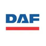 Het blauwe DAF-logo met een horizontale rode lijn eronder staat centraal en vormt een visueel ankerpunt voor betrouwbaar asset management op een witte achtergrond.