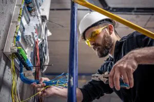 Een elektricien met veiligheidsbril en helm bedrading in een schakelkast installeert tijdens field service management werkzaamheden, omringd door onafgewerkte muren op een bouwplaats.