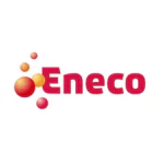 Het rode "Eneco"-logo, geflankeerd door een cluster gekleurde bollen, vertegenwoordigt een merk dat effectief gebruikmaakt van SAP FSM-oplossingen voor gestroomlijnd asset management binnen een witte, neutrale achtergrond.