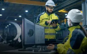 Twee technici in veiligheidskleding bespreken werkzaamheden op een tablet bij een computerwerkstation met blauwdrukken in een fabriekshal, wat essentieel is voor efficiënt field service management en onderhoud.