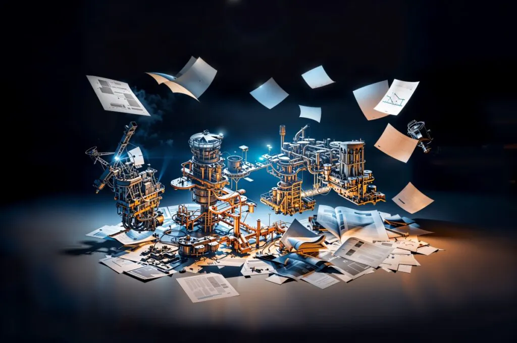 Een industrieel installatiemodel wordt omringd door zwevende en verspreide documenten in een donkere omgeving, wat de complexe digitale processen van asset management in een industriële context visualiseert.
