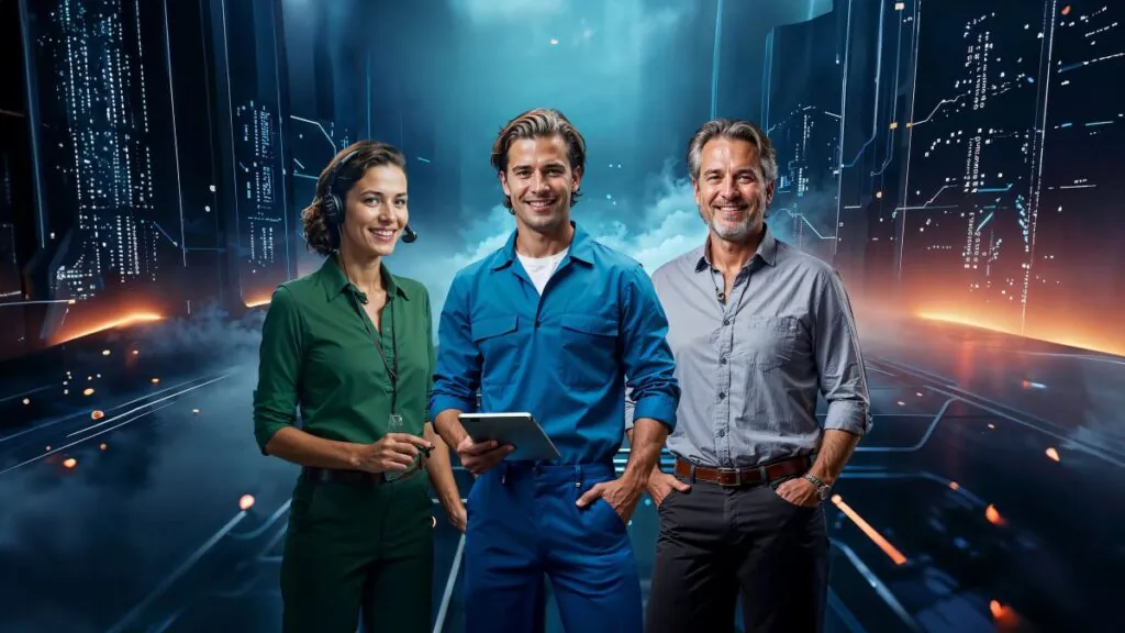 Drie professionals staan glimlachend voor een digitale achtergrond met data, wat de moderne benadering van field service management benadrukt door technologie en menselijke expertise te combineren.