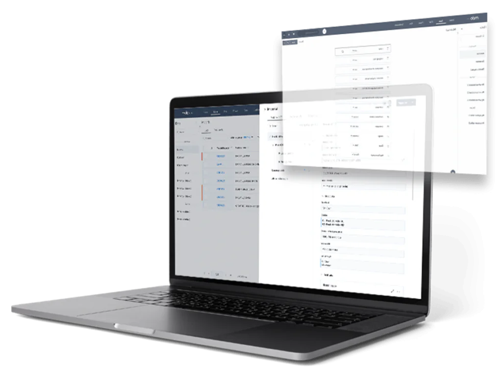 Een laptop toont een interface voor SAP FSM, waarbij gegevensvelden en lijsten voor field service management worden weergegeven in een professionele digitale werkomgeving op een wit scherm.