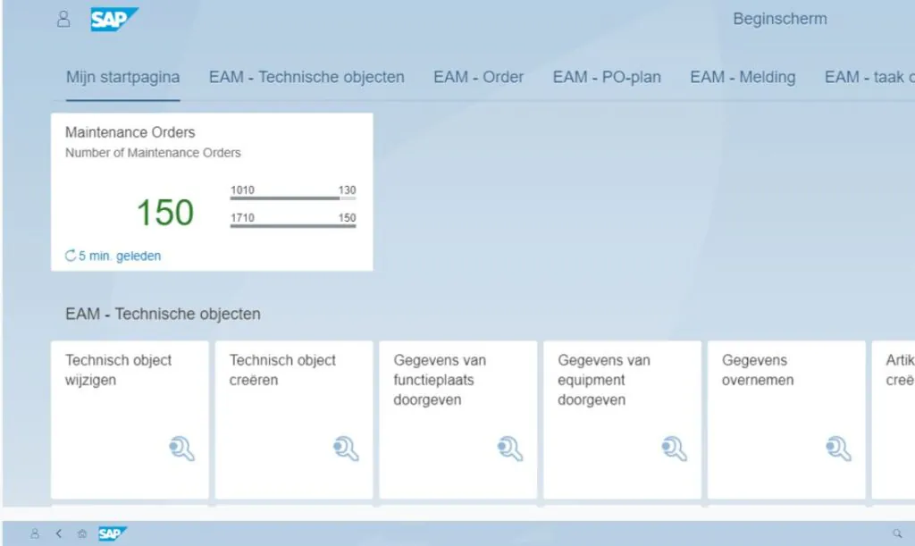 Een SAP-interface toont overzichtstegels voor asset management, waaronder maintenance orders en technische objecten. Tekst: "SAP", "Beginscherm", "Mijn startpagina", "EAM - Technische objecten", "EAM - Order", "EAM - PO-plan", "EAM - Melding", "EAM - taak c", "Maintenance Orders", "Number of Maintenance Orders", "150", "1010 130", "1710 150", "5 min. geleden", "EAM - Technische objecten", "Technisch object wijzigen", "Technisch object creëren", "Gegevens van functieplaats doorgeven", "Gegevens van equipment doorgeven", "Gegevens overnemen", "Artik creë".