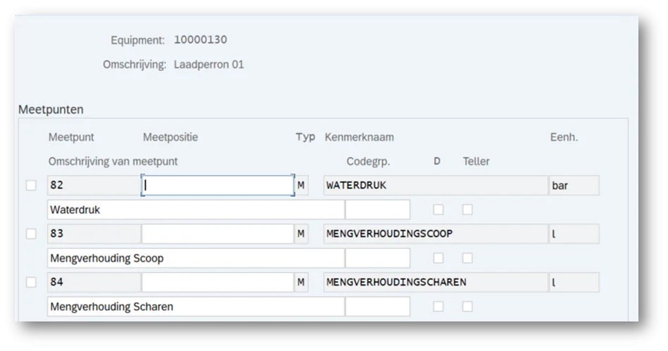 Een tabel toont meetpunten voor asset management met kolommen voor omschrijving, type, kenmerknaam en eenheid. Tekst in afbeelding: Equipment: 10000130 Omschrijving: Laadperron 01 Meetpunten Meetpunt Meetpositie Typ Kenmerknaam Eenh. Omschrijving van meetpunt Codegrp. D Teller 82 | M WATERDRUK bar Waterdruk 83 M MENGVERHOUDINGSCOOP l Mengverhouding Scoop 84 M MENGVERHOUDINGSCHAREN l Mengverhouding Scharen
