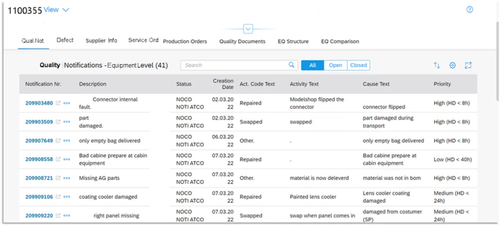 Een tabel toont kwaliteitsmeldingen voor **asset management** binnen een SAP-interface, met kolommen voor notificatienummer, beschrijving, status, datum, actiecode, activiteit, oorzaak en prioriteit. Tekst in afbeelding: 1100355 View Qual.Not Defect Supplier Info Service Ord Production Orders Quality Documents EQ Structure EQ Comparison Quality Notifications - Equipment Level (41) Search All Open Closed Notification Nr. Description Status Creation Date Act. Code Text Activity Text Cause Text Priority 209903480 Connector internal fault. NOCO NOTI ATCO 02.03.20 22 Repaired Modelshop flipped the connector connector flipped High (HD < 8h) 209903509 part damaged. NOCO NOTI ATCO 02.03.20 22 Swapped swapped part damaged during transport High (HD < 8h) 209907649 only empty bag delivered NOCO NOTI ATCO 06.03.20 22 Other. . only empty bag delivered High (HD < 8h) 209908558 Bad cabine prepare at cabin equipment NOCO NOTI ATCO 07.03.20 22 Repaired . Bad cabine prepare at cabin equipment Low (HD < 40h) 209908721 Missing AG parts NOCO NOTI ATCO 07.03.20 22 Other. material is now deleverd material was not in bom High (HD < 8h) 209909106 coating cooler damaged NOCO NOTI ATCO 07.03.20 22 Repaired Painted lens cooler Lens cooler coating damaged Medium (HD < 24h) 209909220 right panel missing NOCO NOTI ATCO 07.03.20 22 Swapped swap when panel comes in damaged from costumer (SP) Medium (HD < 24h)