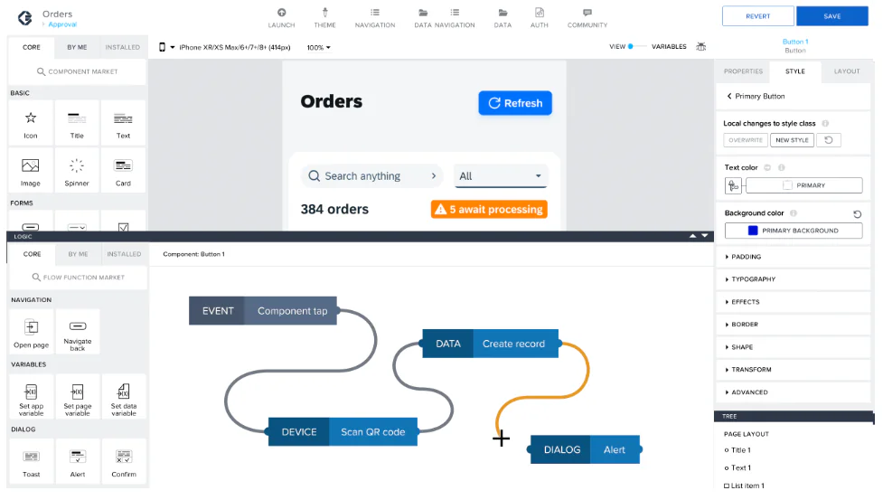 Een applicatie-ontwikkelomgeving toont SAP FSM-logica met een stroomdiagram voor het scannen van QR-codes en het maken van records, omringd door UI-configuratiepanelen en eigenschappen voor asset management. Tekst in de afbeelding: Orders, Approval, LAUNCH, THEME, NAVIGATION, DATA NAVIGATION, DATA, AUTH, COMMUNITY, REVERT, SAVE, Button 1, Button, iPhone XR/XS Max/6+/7+/8+ (414px), 100%, VIEW, VARIABLES, CORE, BY ME, INSTALLED, COMPONENT MARKET, BASIC, Icon, Title, Text, Image, Spinner, Card, FORMS, Search anything, All, 384 orders, 5 await processing, LOGIC, FLOW FUNCTION MARKET, Component: Button 1, EVENT, Component tap, DATA, Create record, DEVICE, Scan QR code, DIALOG, Alert, PROPERTIES, STYLE, LAYOUT, Primary Button, Local changes to style class, OVERWRITE, NEW STYLE, Text color, PRIMARY, Background color, PRIMARY BACKGROUND, PADDING, TYPOGRAPHY, EFFECTS, BORDER, SHAPE, TRANSFORM, ADVANCED, TREE, PAGE LAYOUT, Title 1, Text 1, List item 1.