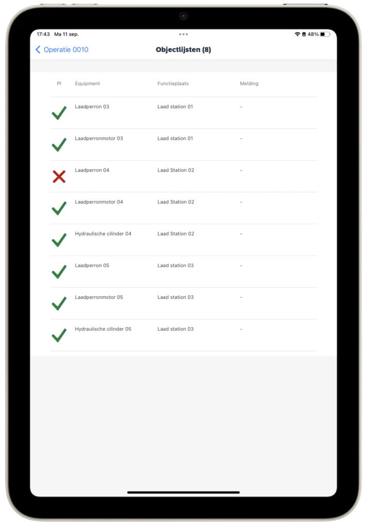 Een tablet toont een lijst met asset management statusgegevens, waarbij groene vinkjes en een rood kruis de conditie van diverse onderdelen markeren binnen een SAP FSM-interface. **Tekst:** 17:43 Ma 11 sep. 48% < Operatie 0010 Objectlijsten (8) PI Equipment Functieplaats Melding Laadperron 03 Laad station 01 - Laadperronmotor 03 Laad station 01 - Laadperron 04 Laad Station 02 - Laadperronmotor 04 Laad Station 02 - Hydraulische cilinder 04 Laad Station 02 - Laadperron 05 Laad station 03 - Laadperronmotor 05 Laad station 03 - Hydraulische cilinder 05 Laad station 03 -