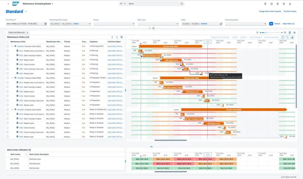 Een SAP FSM-dashboard visualiseert onderhoudstaken en werkbelasting via een interactieve planningstabel met bijbehorende tijdschema’s en capaciteitsoverzichten voor efficiënt asset management binnen een digitale werkomgeving. **Tekst:** SAP, Maintenance Scheduling Board, Standard, Change Work Center Capacity, My Work Centers, Time Period, Performing Work Center, Priority, Order Type, Order, Processing Status, Go, Restore, Adapt Filters (3), Orders and Resources, Maintenance Orders (12), Maintenance Order, Maintenance Work, Priority, Proc, Subphase, Technical Object, 11.07.2022, 12.07.2022, 13.07.2022, 14.07.2022, 15.07.2022, 16.07.2022, 17.07.2022, 18.07.2022, 12:00, 00:00, 12:00, 00:00, 12:00, 00:00, 12:00, 00:00, 12:00, 00:00, 12:00, 00:00, 12:00, 00:00, 12:00, Proactive Order MG01, PRE, 0010, Prepare area & shut down a, MG_RSH01, Medium, Due, In Planning, 1010-CWS-CTW Co, 0020, Open housing & inspect, 0030, Replace parts, 0040, Check function, 0050, Close housing & clear area, 0060, Restart asset, MG_RSH03, Proactive Order MG02, In Preparation, 0010, Prepare area & shut down a, 0020, Open housing & inspect, 0030, Replace parts, 0040, Check function, 0050, Close housing & clear area, 0060, Restart asset, Proactive Order MG03, Ready to Schedule, Trigger Order Scheduling, Change, Dispatch, Cancel Dispatch, Remove Constraints, Work Center Utilization: 90%, Capacity Load / Available Capacity: 36.0 H / 40.0 H, Work Center Utilization (3), Work Center, Work Center Description, MG_RSH01, MG Electricians, MG_RSH02, MG Mechanics, MG_RSH03, MG Externals, 20% | 8 H / 40 H, 60% | 24 H / 40 H, 100% | 40 H / 40 H, 90% | 36 H / 40 H, 63% | 25 H / 40 H, 25% | 10 H / 40 H, 40% | 16 H / 40 H, 65% | 26 H / 40 H, 45% | 18 H / 40 H, 23% | 9 H / 40 H, 0% | 0 H / 24 H, 21% | 5 H / 24 H, 4% | 1 H / 24 H, 0% | 0 H / 24 H, 14.07.2022 14:47:06