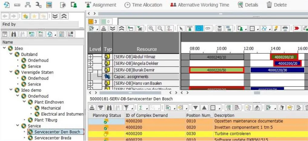 Een SAP FSM-dashboard toont een planning voor field service management met toegewezen middelen, tijdslots en taken in een hiërarchisch menu, inclusief projecten zoals "Opzetten maintenance documentatie" en "Turbine controleren".
