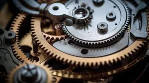 Goudkleurige en zilveren tandwielen grijpen nauwkeurig in elkaar binnen een complex uurwerk, wat de precisie van asset management symboliseert door middel van gedetailleerde mechanische interactie in een technisch systeem.