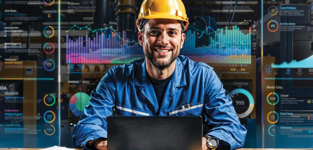 Een lachende technicus met helm werkt op een laptop, omringd door digitale dashboards en data-overlays, wat wijst op geavanceerd asset management in een industriële fabrieksomgeving. Tekst op de afbeelding: 11, 2, 321, 17, 01, 1431, 1727, 704, CIA, MANCS, Eglforinliy Yo, Bullurzelme, Mugly Monart, 1116, 3016, 3418, 995, Larthlan, Eurice divine, Monde Tufes, Estonf, Celiun Yarige, Cufarone.