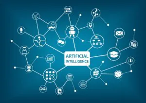 Een centraal label met de tekst "ARTIFICIAL INTELLIGENCE" verbindt diverse iconen via een netwerk van lijnen op een blauwe achtergrond, wat innovatieve processen zoals sap fsm symboliseert.