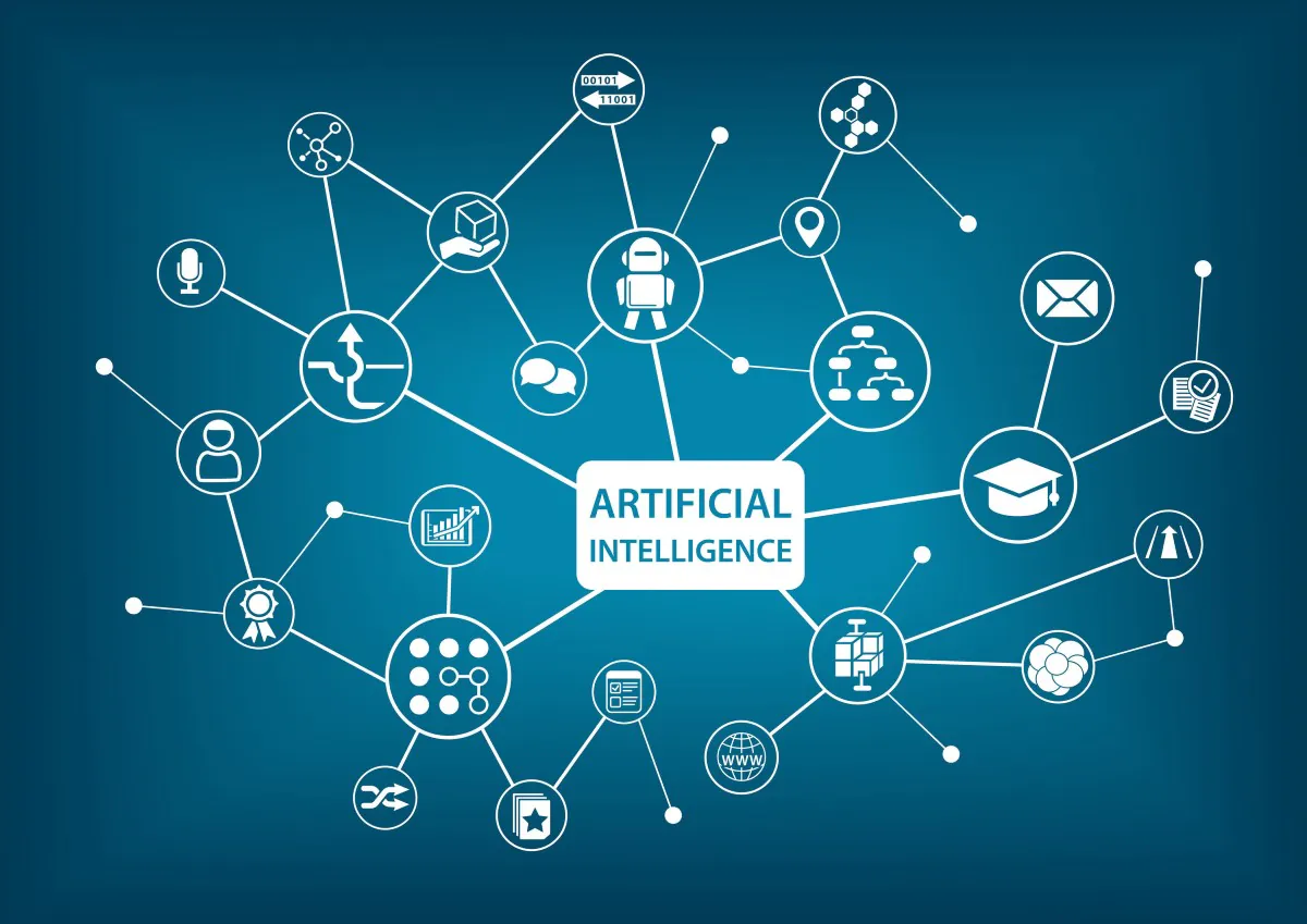 Een centraal label met de tekst "ARTIFICIAL INTELLIGENCE" verbindt diverse iconen via een netwerk van lijnen op een blauwe achtergrond, wat innovatieve processen zoals sap fsm symboliseert.