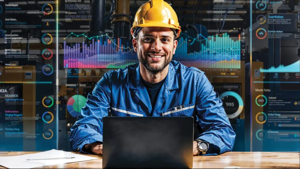 Een glimlachende technicus met helm werkt op een laptop in een fabriekshal, omringd door digitale schermen met datavisualisaties en grafieken, ondersteund door geavanceerde SAP FSM-technologie voor efficiënt onderhoud. **Tekst:** "Fast Bypa 391, Cell Mue 2, 323, 17, 01, CIA MANCS 142, 172, 704, 711-5, 3086, 995, Monde Tufes, Estonf 8315, 686, Celiun Yange, Cufunone