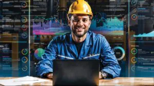 Een glimlachende technicus met helm werkt op een laptop in een fabriekshal, omringd door digitale schermen met datavisualisaties en grafieken, ondersteund door geavanceerde SAP FSM-technologie voor efficiënt onderhoud. **Tekst:** "Fast Bypa 391, Cell Mue 2, 323, 17, 01, CIA MANCS 142, 172, 704, 711-5, 3086, 995, Monde Tufes, Estonf 8315, 686, Celiun Yange, Cufunone