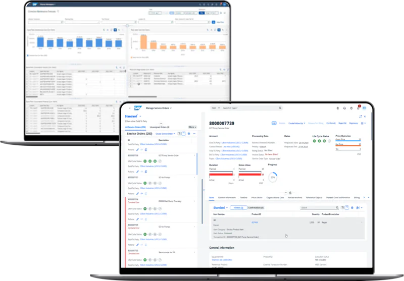 Twee laptops tonen SAP FSM-dashboards met grafieken, lijsten met serviceorders en gedetailleerde orderinformatie voor asset management, wat het beheer van technische onderhoudsgegevens en operationele processen efficiënt in kaart brengt.
