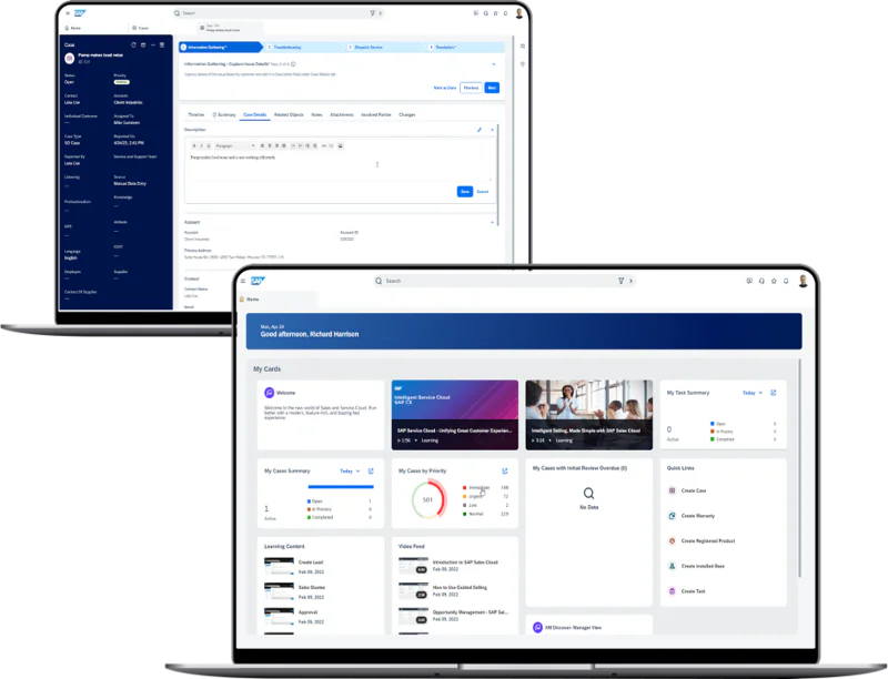 Twee laptops tonen een dashboard met SAP FSM-software, waarbij de één casegegevens verwerkt en de ander een overzicht toont van taken, prioriteiten en leermiddelen in een professionele werkomgeving. Tekst op scherm 1 (linksboven): SAP Search Cases Pump makes loud noise ID 724 Status: Open Priority: Medium Contact: Lake Cox Account: Client Industries Individual Customer: Mike Sunseen Case Type: SO Case Reported On: 4/26/23, 2:41 PM Reported By: Lake Cox Source: Service and Support Team Listening: -- Source: Manual Data Entry Professionalism: -- Knowledge: -- NPS: -- Attitude: -- Language: English CSAT: -- Employee: -- Supplier: -- Contact Of Supplier: -- Information Gathering Troubleshooting Dispatch Service Resolution Information Gathering - Capture Issue Details (Step 2 of 4) Capture details of the issue faced by customer and add it to Description field under Case Details tab. Mark as Done Previous Next Timeline Summary Case Details Related Objects Notes Attachments Involved Parties Changes Description Pump makes loud noise and is not working efficiently Save Cancel Account: Client Industries Account ID: 5550340 Primary Address: Suite House No 2600 - 4507 San Felipe, Houston TX 77057, US Contact: Contact Name: Lake Cox Email: -- Tekst op scherm 2 (rechtsonder): SAP Search Home Mon, Apr 24 Good afternoon, Richard Harrison My Cards Welcome Welcome to the new world of Sales and Service Cloud. Run business with a modern, feature-rich, and blazing fast experience. SAP Intelligent Service Cloud SAP CX SAP Service Cloud - Unifying Great Customer Experience... 3:56 Learning Intelligent Selling, Made Simple with SAP Sales Cloud 3:24 Learning My Task Summary Today 0 Active Open 0 In Process 0 Completed 0 My Cases Summary Today 1 Active Open 1 In Process 0 Completed 0 My Cases by Priority 501 Immediate 108 Urgent 72 Low 2 Normal 229 My Cases with Initial Review Overdue (0) No Data Quick Links Create Case Create Warranty Create Registered Product Create Installed Base Create Task Learning Content Create Lead Feb 09, 2022 Sales Quotes Feb 09, 2022 Approval Feb 09, 2022 Video Feed Introduction to SAP Sales Cloud Feb 09, 2022 How to Use Guided Selling Feb 09, 2022 Opportunity Management - SAP Sal... Feb 09, 2022 XM Discover Manager View