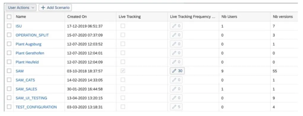 Een tabel toont in SAP FSM verschillende scenario's voor asset management, waarbij kolommen zoals naam, datum, live tracking, frequentie, aantal gebruikers en versies worden weergegeven in een gestructureerde interface. Tekst: User Actions, + Add Scenario, Name, Created On, Live Tracking, Live Tracking Frequency ..., Nb Users, Nb versions, ISU, 17-12-2019 06:51:37, 0, 1, 7, OPERATION_SPLIT, 15-07-2020 07:37:09, 0, 3, Plant Augsburg, 12-07-2020 12:03:52, 0, 1, Plant Gersthofen, 12-07-2020 12:04:01, 0, 0, Plant Heufeld, 12-07-2020 12:04:09, 0, 0, SAM, 03-10-2018 18:37:57, 30, 9, 55, SAM_CATS, 14-02-2020 14:33:05, 0, 1, SAM_SALES, 30-01-2020 16:44:58, 1, 1, SAM_UI_TESTING, 13-04-2020 13:20:15, 0, 9, TEST_CONFIGURATION, 03-03-2020 13:18:31, 5, 0, 4.