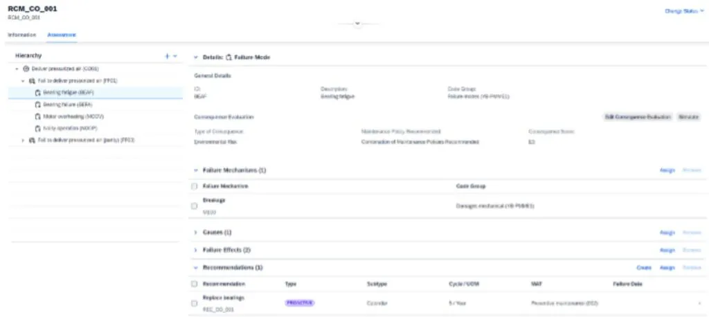 Een software-interface voor asset management toont een hiërarchisch overzicht van storingsmodi en onderhoudsaanbevelingen, inclusief secties voor algemene details, storingsmechanismen, oorzaken, gevolgen en aanbevolen acties voor het systeem RCM_CO_001.