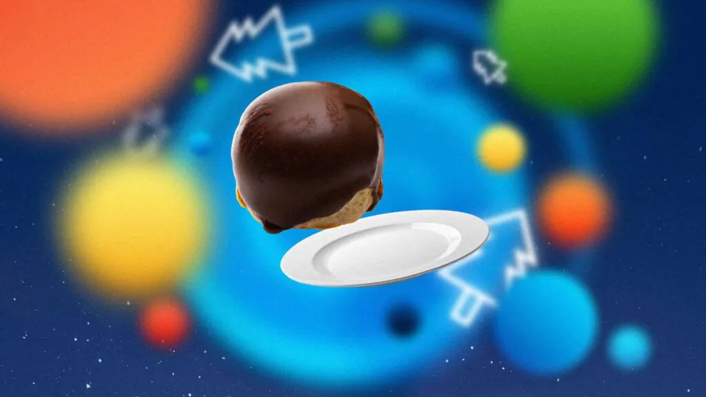 Een met chocolade overgoten gebakje zweeft boven een leeg wit bord tegen een kleurrijke, abstracte achtergrond met cirkelvormige patronen, wat de dynamiek van modern asset management visueel ondersteunt.