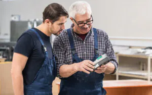 Twee technici in werkkleding inspecteren samen een handheld apparaat in een professionele werkomgeving, wat essentiële ondersteuning biedt voor efficiënt field service management bij onderhoudstaken.