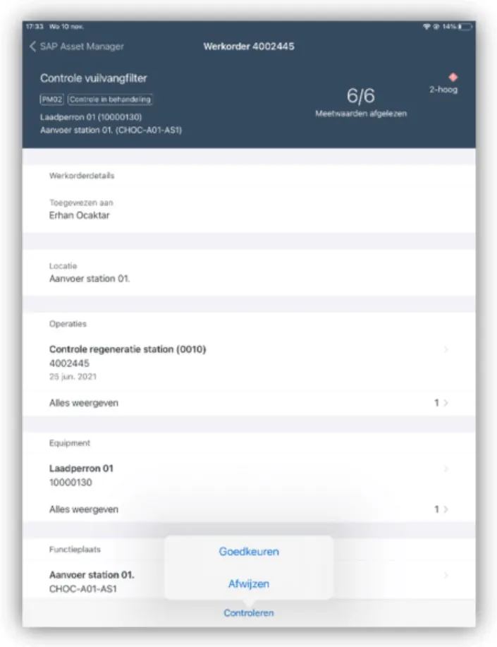 Een tabletinterface voor **asset management** toont werkorder 4002445 met details zoals "Controle vuilvangfilter", "Erhan Ocaktar", "Laadperron 01", "Aanvoer station 01" en keuzemenu's voor "Goedkeuren", "Afwijzen" en "Controleren".
