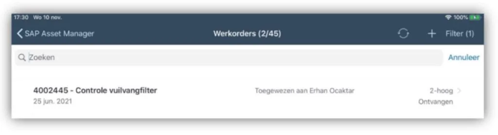 Een mobiele interface voor asset management toont een lijst met werkorders, inclusief details zoals '4002445 - Controle vuilvangfilter', 'Toegewezen aan Erhan Ocaktar', '25 jun. 2021', '2-hoog' en 'Ontvangen'.