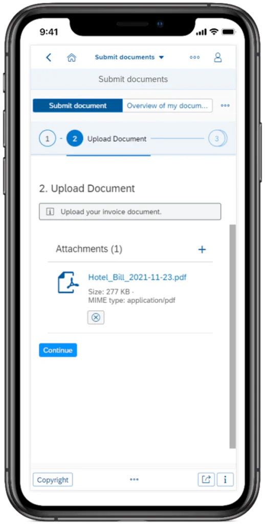 Een mobiele app toont een SAP FSM-scherm voor het uploaden van een factuur, met de tekst: "9:41, Submit documents, Submit document, Overview of my documents, Upload Document, Hotel_Bill_2021-11-23.pdf, Continue, Copyright.