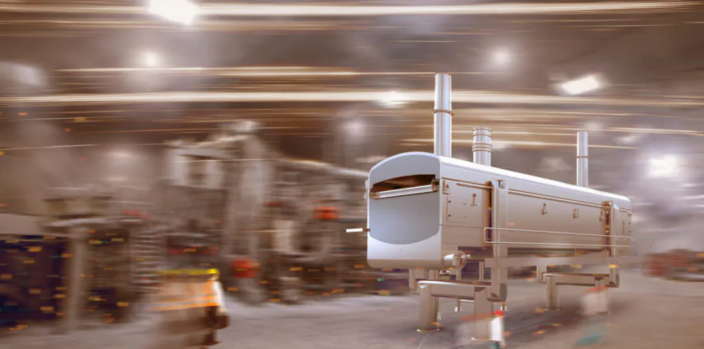 Een metalen industriële machine staat centraal terwijl technici in een dynamische fabriekshal bewegen, wat wijst op efficiënt asset management in een snelle productieomgeving.