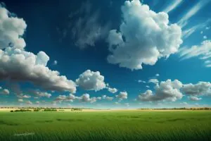 Witte wolken drijven boven een uitgestrekt groen grasveld, wat symbool staat voor de helderheid in asset management en de natuurlijke rust van een efficiënt landschap.