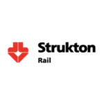 Een rood gestileerd symbool en de tekst "Strukton Rail" staan afgebeeld op een witte achtergrond, wat duidt op professioneel asset management voor spoorweginfrastructuur.