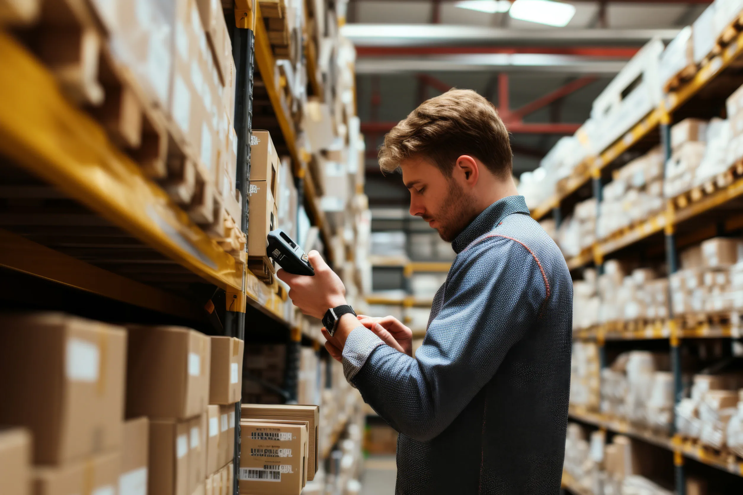Een magazijnmedewerker scant met een handscanner kartonnen dozen in een distributiecentrum, wat het proces van asset management ondersteunt tussen rijen met hoog opgestapelde voorraad in het magazijn.