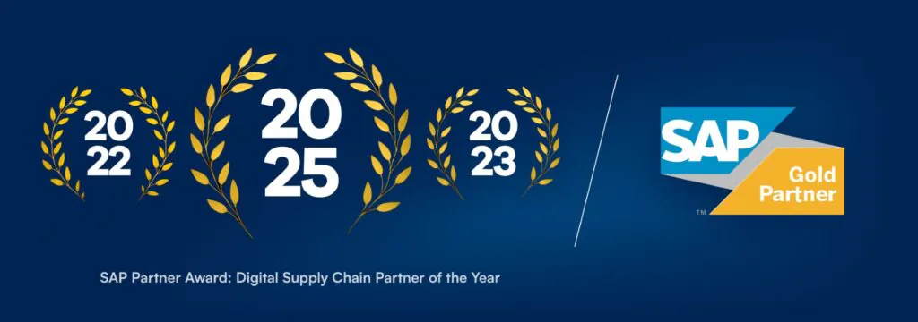Gouden lauweren omringen de jaartallen 2022, 2025 en 2023 naast een SAP Gold Partner-logo op een donkerblauwe achtergrond, ter ere van SAP technology en de Digital Supply Chain Partner-prijs.