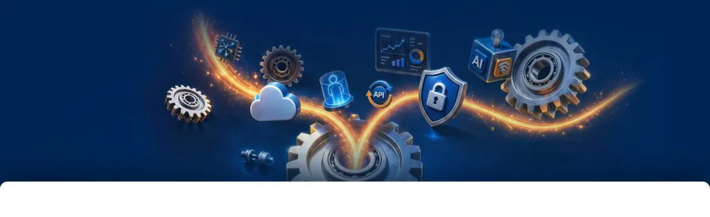 Digitale iconen en tandwielen zweven boven een centrale machinecomponent verbonden door lichtlijnen op een donkerblauwe achtergrond, wat de technologische integratie van SAP technology en efficiënt asset management symboliseert. Tekst in afbeelding: API, AI