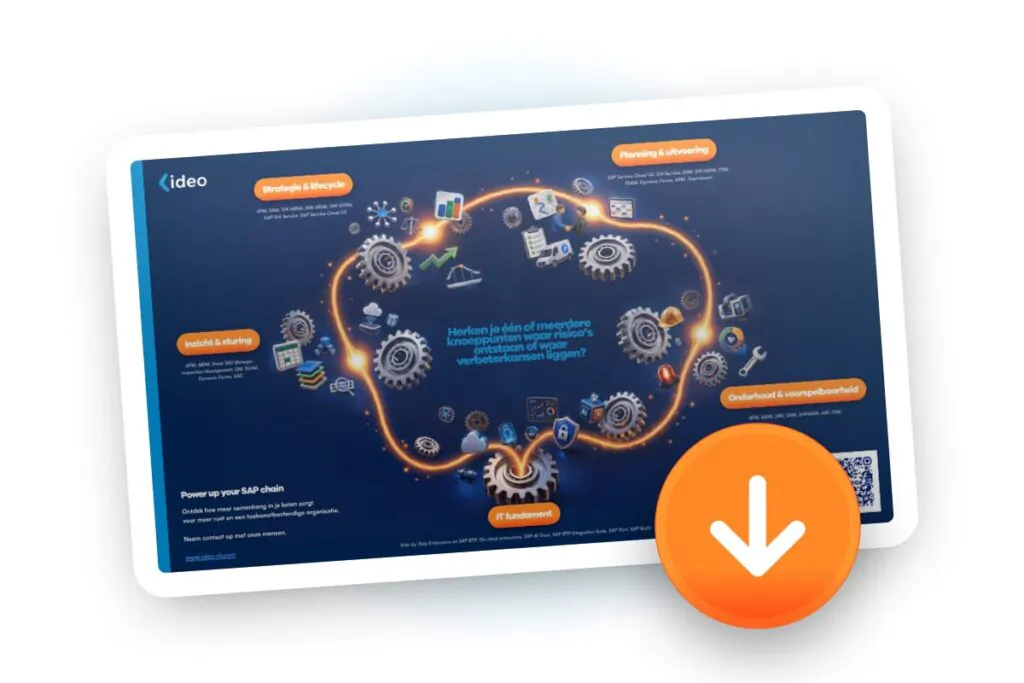Tandwielen en iconen vormen een keten op een blauwe achtergrond om **asset management** en **sap fsm** processen te visualiseren, met gedetailleerde tekstblokken over strategie, planning, onderhoud en IT-fundamenten. Tekst in de afbeelding: "ideo Strategie & lifecycle APM, EAM, S/4 HANA, AIN, MDM, SAP EPPM, SAP S/4 Service, SAP Service Cloud V2 Inzicht & sturing APM, MDM, Asset MO Manager, Inspection Management, QM, SSAM, Dynamic Forms, SAC Planning & uitvoering SAP Service Cloud V2, S/4 Service, EAM, S/4 HANA, FSM, SSAM, Dynamic Forms, APM, TeamViewer Herken je één of meerdere knooppunten waar risico's ontstaan of waar verbeterkansen liggen? Onderhoud & voorspelbaarheid APM, MDM, SAC, EAM, S/4 HANA, AIN, FSM IT fundament Power up your SAP chain Ontdek hoe meer samenhang in je keten zorgt voor meer rust en een toekomstbestendige organisatie. Neem contact op met onze mensen. www.ideo-nl.com Side by Side Extensions op SAP BTP, De-stack extensies, SAP AI Core, SAP BTP Integration Suite, SAP Fiori, SAP Build